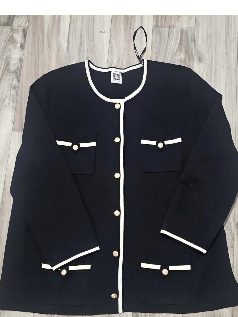 Anne Klein Black Knit Jacket with White Trim and Gold Buttons
